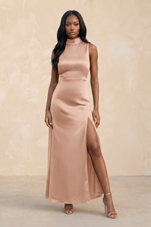 High Neck A - Line Bridesmaid Dress Wiht Slit in Champagne Rose - KISS BRIDAL Bridesmaid Dresses