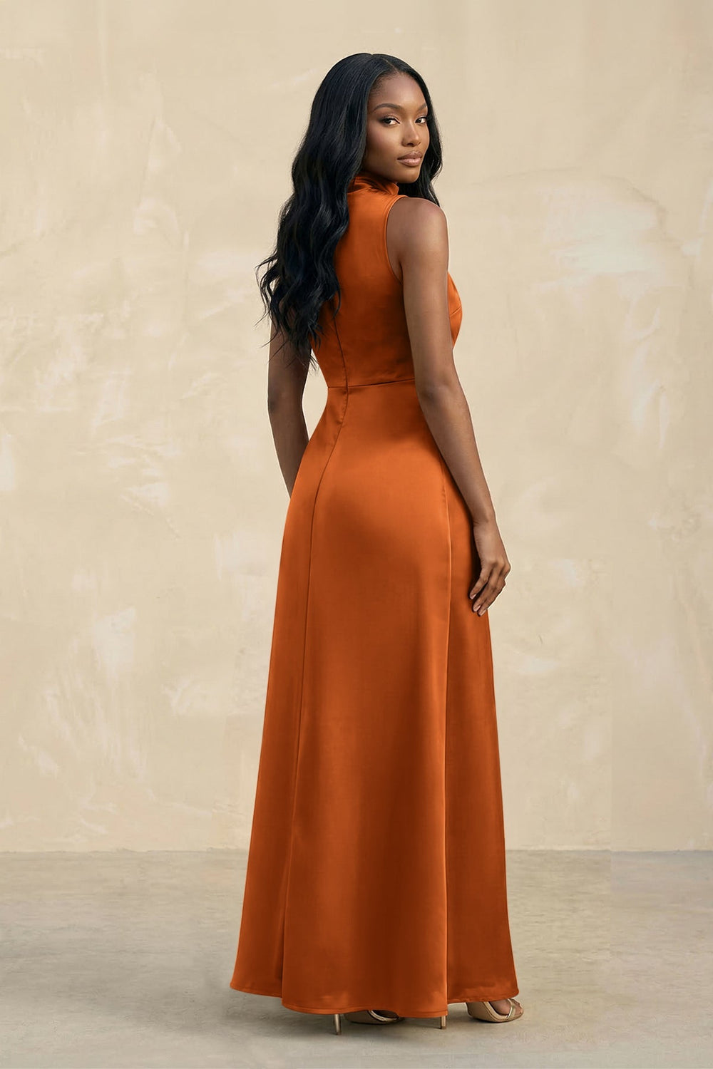 High Neck A - Line Bridesmaid Dress Wiht Slit in Cinnamon - KISS BRIDAL Bridesmaid Dresses