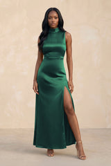 High Neck A - Line Bridesmaid Dress Wiht Slit in Dark Green - KISS BRIDAL Bridesmaid Dresses
