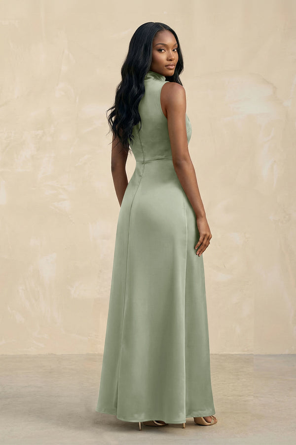 High Neck A - Line Bridesmaid Dress Wiht Slit in Dove Gray - KISS BRIDAL Bridesmaid Dresses