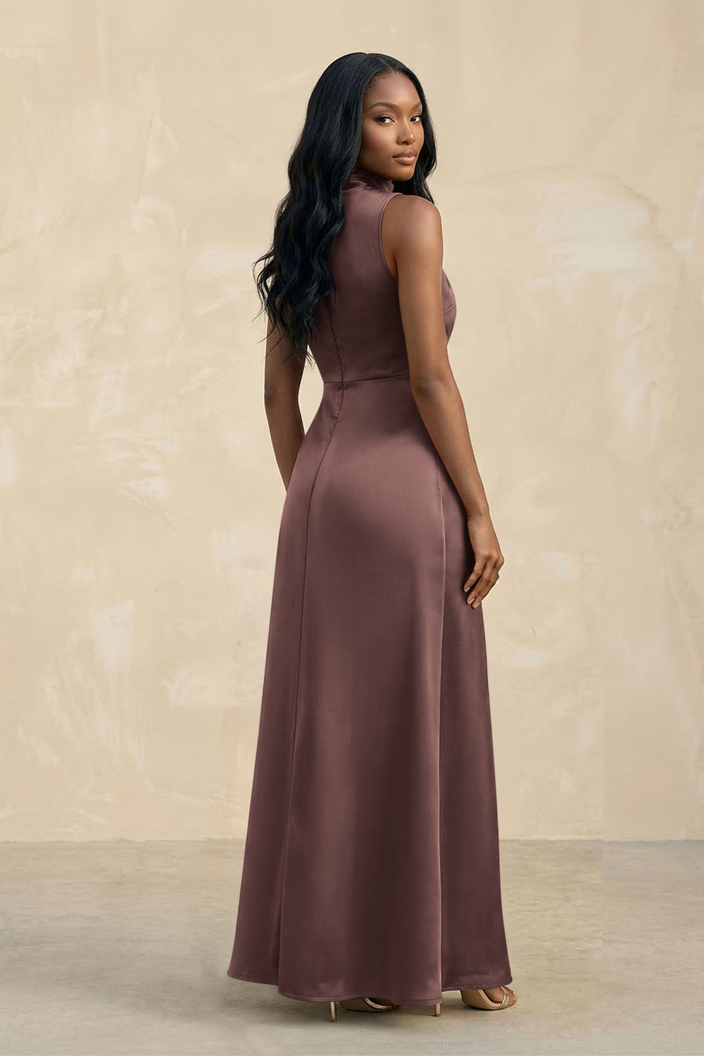 High Neck A - Line Bridesmaid Dress Wiht Slit in Espresso - KISS BRIDAL Bridesmaid Dresses