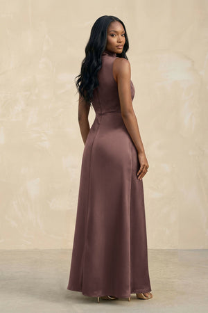High Neck A - Line Bridesmaid Dress Wiht Slit in Espresso - KISS BRIDAL Bridesmaid Dresses