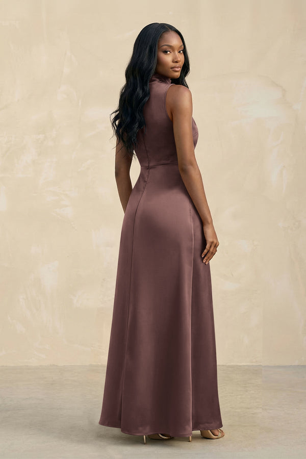 High Neck A - Line Bridesmaid Dress Wiht Slit in Espresso - KISS BRIDAL Bridesmaid Dresses