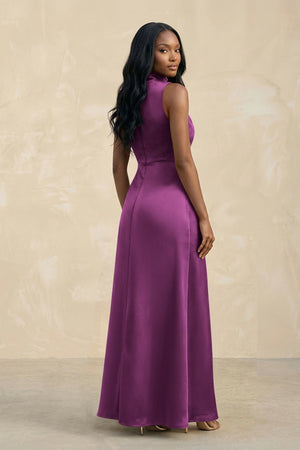High Neck A - Line Bridesmaid Dress Wiht Slit in Fig - KISS BRIDAL Bridesmaid Dresses