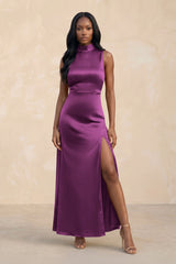 High Neck A - Line Bridesmaid Dress Wiht Slit in Fig - KISS BRIDAL Bridesmaid Dresses