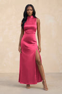 High Neck A - Line Bridesmaid Dress Wiht Slit in Fuchsia - KISS BRIDAL Bridesmaid Dresses