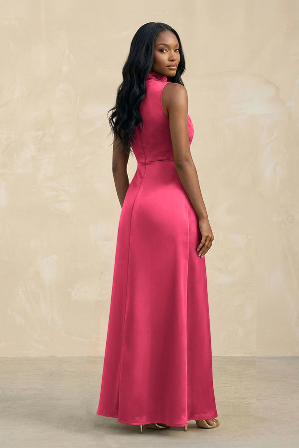 High Neck A - Line Bridesmaid Dress Wiht Slit in Fuchsia - KISS BRIDAL Bridesmaid Dresses