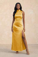 High Neck A - Line Bridesmaid Dress Wiht Slit in Gold - KISS BRIDAL Bridesmaid Dresses