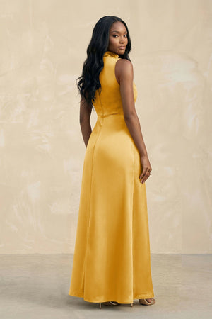 High Neck A - Line Bridesmaid Dress Wiht Slit in Gold - KISS BRIDAL Bridesmaid Dresses