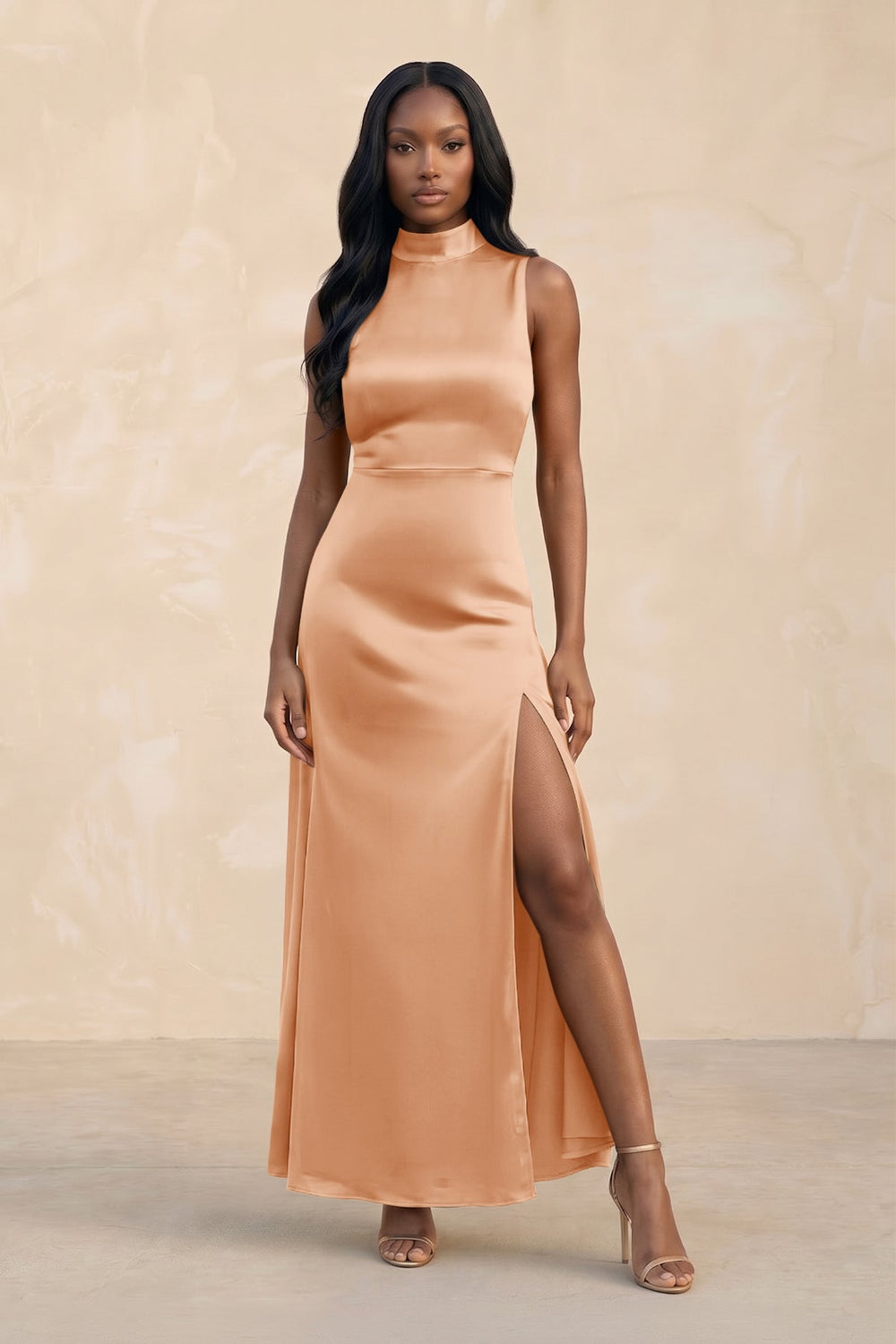 High Neck A - Line Bridesmaid Dress Wiht Slit in Golden Champagne - KISS BRIDAL Bridesmaid Dresses