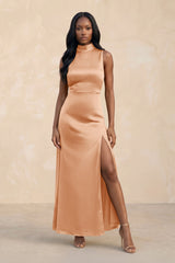 High Neck A - Line Bridesmaid Dress Wiht Slit in Golden Champagne - KISS BRIDAL Bridesmaid Dresses