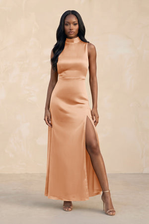 High Neck A - Line Bridesmaid Dress Wiht Slit in Golden Champagne - KISS BRIDAL Bridesmaid Dresses