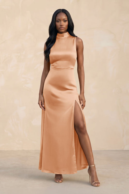 High Neck A - Line Bridesmaid Dress Wiht Slit in Golden Champagne - KISS BRIDAL Bridesmaid Dresses