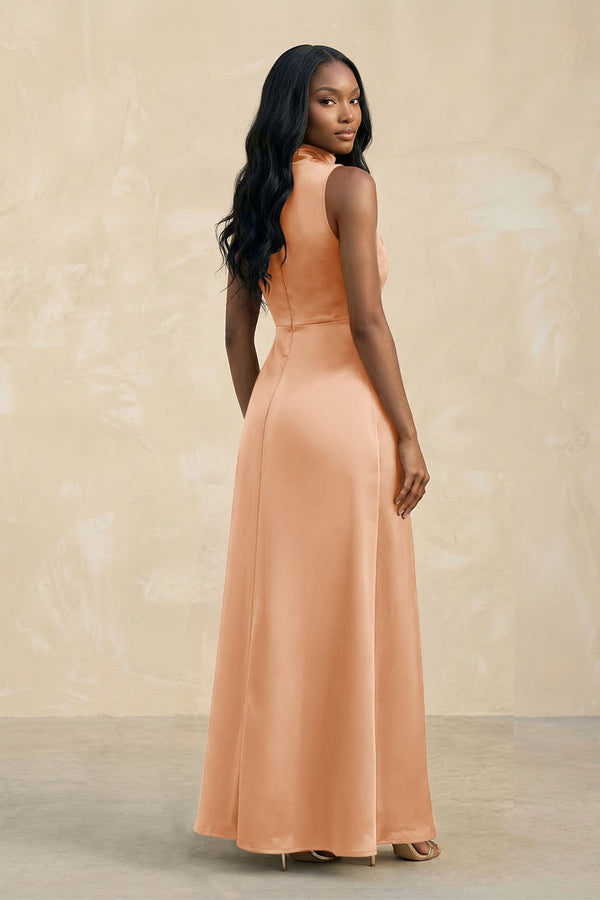 High Neck A - Line Bridesmaid Dress Wiht Slit in Golden Champagne - KISS BRIDAL Bridesmaid Dresses