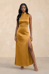 High Neck A - Line Bridesmaid Dress Wiht Slit in Marigold - KISS BRIDAL Bridesmaid Dresses