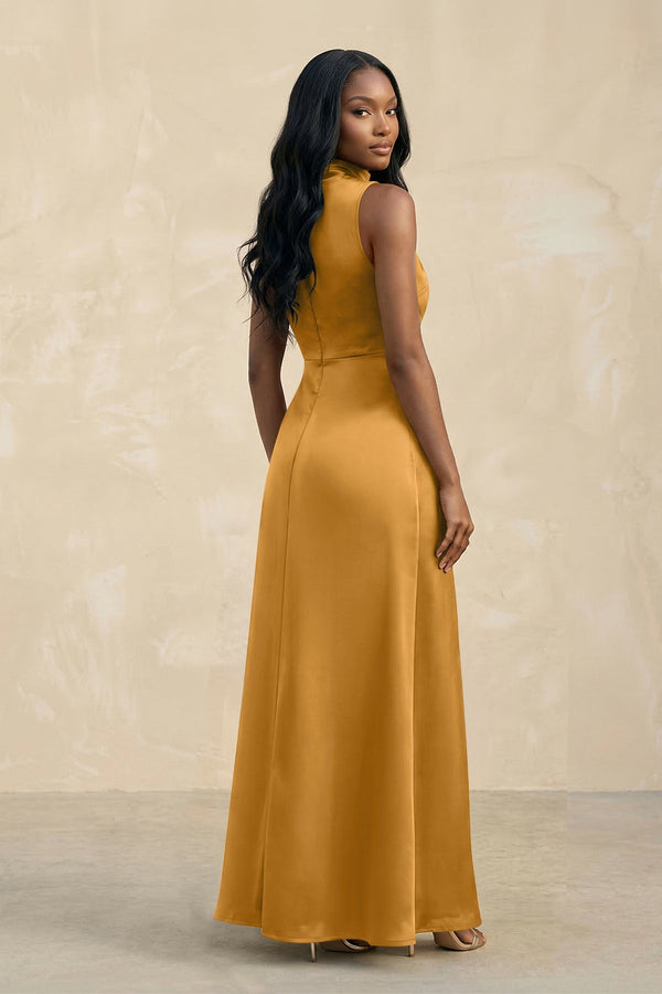 High Neck A - Line Bridesmaid Dress Wiht Slit in Marigold - KISS BRIDAL Bridesmaid Dresses