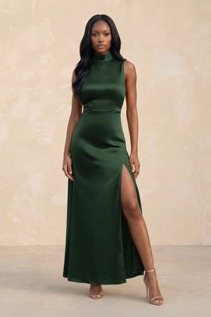 High Neck A - Line Bridesmaid Dress Wiht Slit in Moss - KISS BRIDAL Bridesmaid Dresses