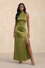 High Neck A - Line Bridesmaid Dress Wiht Slit in Moss Green - KISS BRIDAL Bridesmaid Dresses