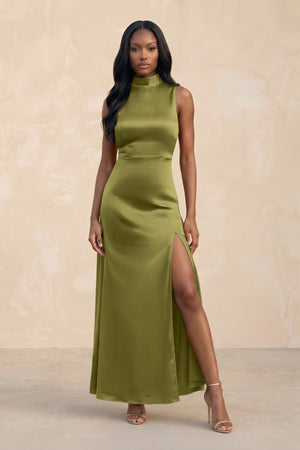High Neck A - Line Bridesmaid Dress Wiht Slit in Moss Green - KISS BRIDAL Bridesmaid Dresses