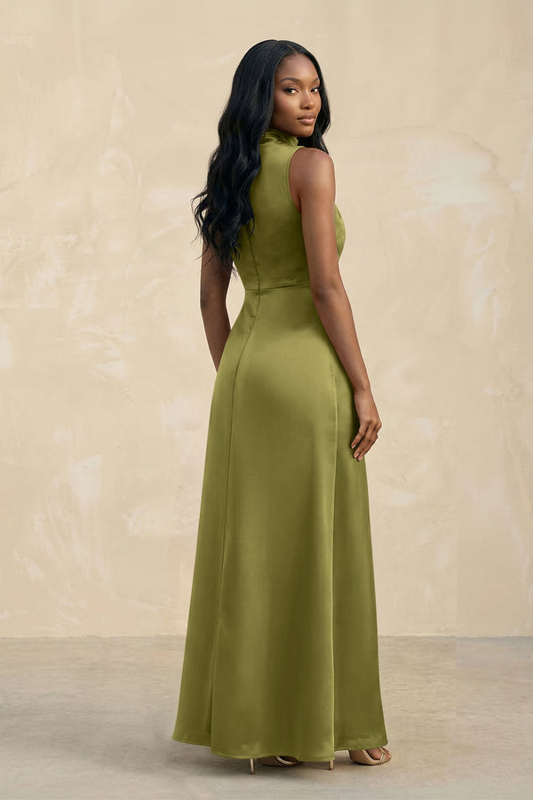 High Neck A - Line Bridesmaid Dress Wiht Slit in Moss Green - KISS BRIDAL Bridesmaid Dresses