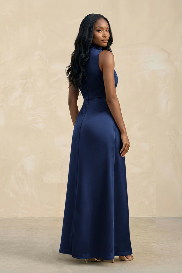 High Neck A - Line Bridesmaid Dress Wiht Slit in Navy - KISS BRIDAL Bridesmaid Dresses