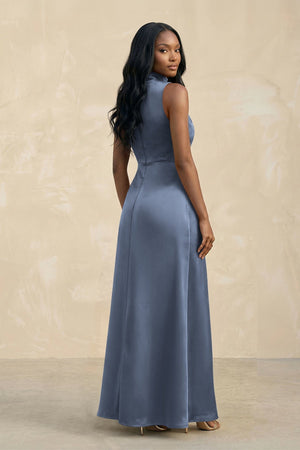 High Neck A - Line Bridesmaid Dress Wiht Slit in Neptune - KISS BRIDAL Bridesmaid Dresses