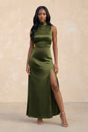 High Neck A - Line Bridesmaid Dress Wiht Slit in Olive - KISS BRIDAL Bridesmaid Dresses