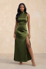 High Neck A - Line Bridesmaid Dress Wiht Slit in Olive - KISS BRIDAL Bridesmaid Dresses