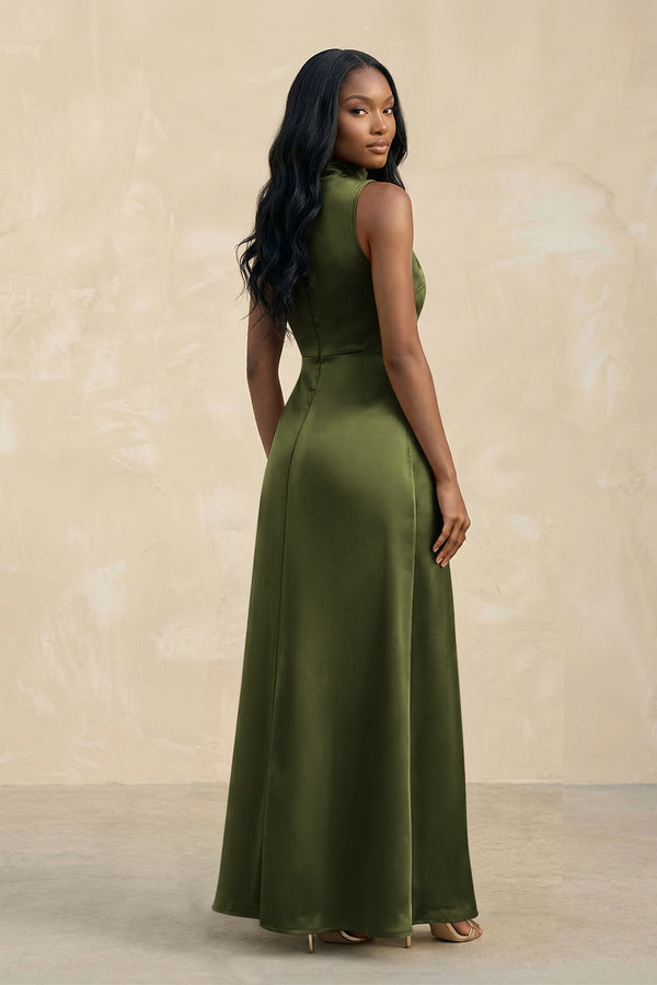 High Neck A - Line Bridesmaid Dress Wiht Slit in Olive - KISS BRIDAL Bridesmaid Dresses