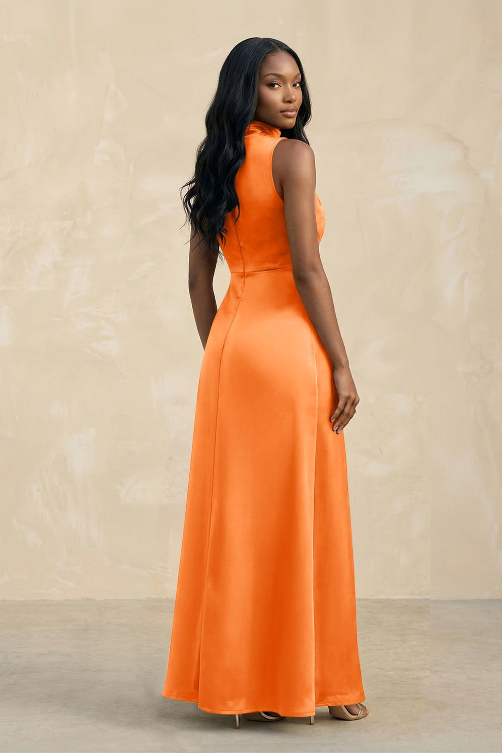 High Neck A - Line Bridesmaid Dress Wiht Slit in Orange - KISS BRIDAL Bridesmaid Dresses
