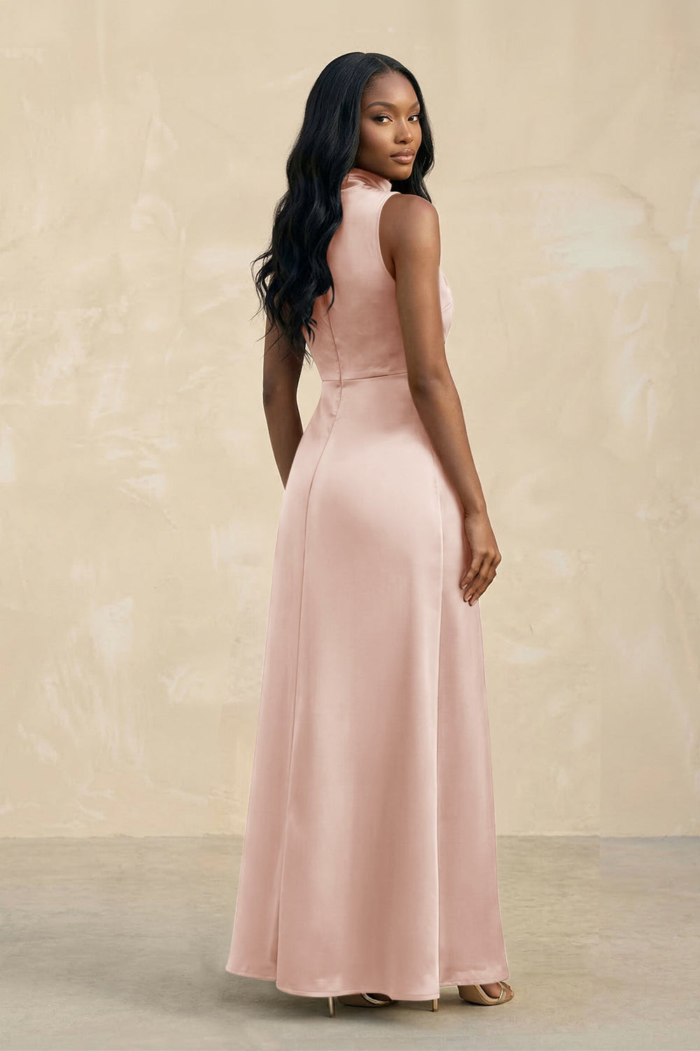 High Neck A - Line Bridesmaid Dress Wiht Slit in Pale Blush - KISS BRIDAL Bridesmaid Dresses