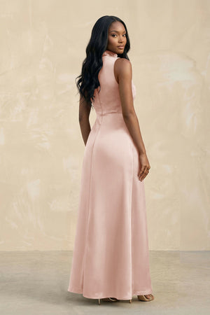 High Neck A - Line Bridesmaid Dress Wiht Slit in Pale Blush - KISS BRIDAL Bridesmaid Dresses