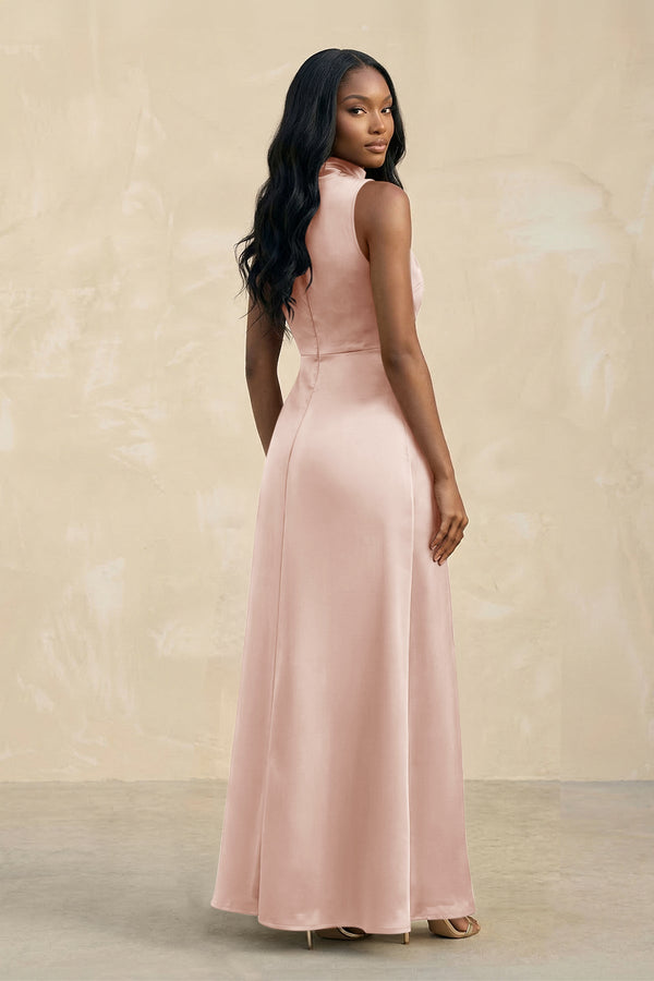 High Neck A - Line Bridesmaid Dress Wiht Slit in Pale Blush - KISS BRIDAL Bridesmaid Dresses