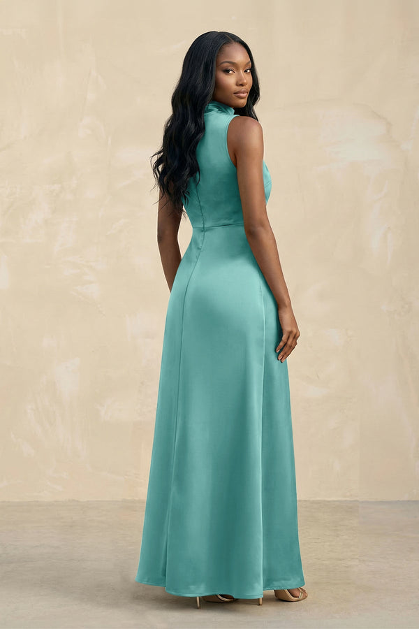 High Neck A - Line Bridesmaid Dress Wiht Slit in Pale Pistachio - KISS BRIDAL Bridesmaid Dresses