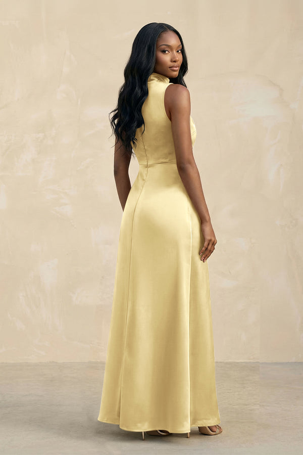 High Neck A - Line Bridesmaid Dress Wiht Slit in Pastel Yellow - KISS BRIDAL Bridesmaid Dresses