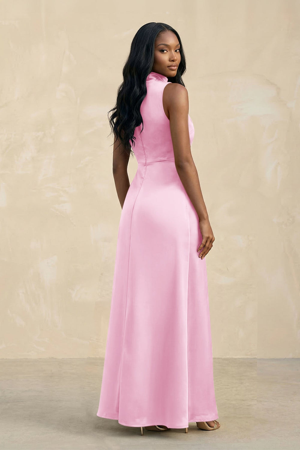 High Neck A - Line Bridesmaid Dress Wiht Slit in Pink - KISS BRIDAL Bridesmaid Dresses