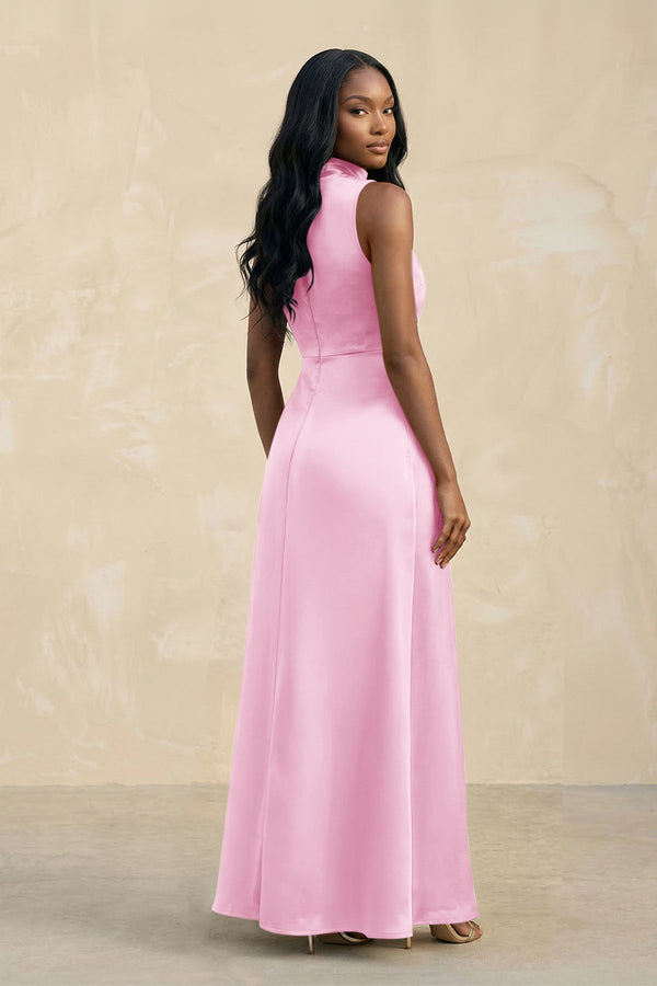 High Neck A - Line Bridesmaid Dress Wiht Slit in Pink - KISS BRIDAL Bridesmaid Dresses