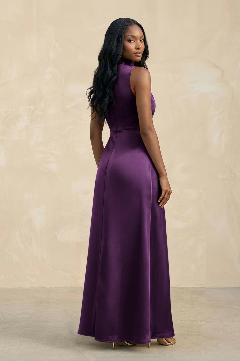 High Neck A - Line Bridesmaid Dress Wiht Slit in Plum - KISS BRIDAL Bridesmaid Dresses