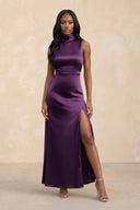 High Neck A - Line Bridesmaid Dress Wiht Slit in Plum - KISS BRIDAL Bridesmaid Dresses