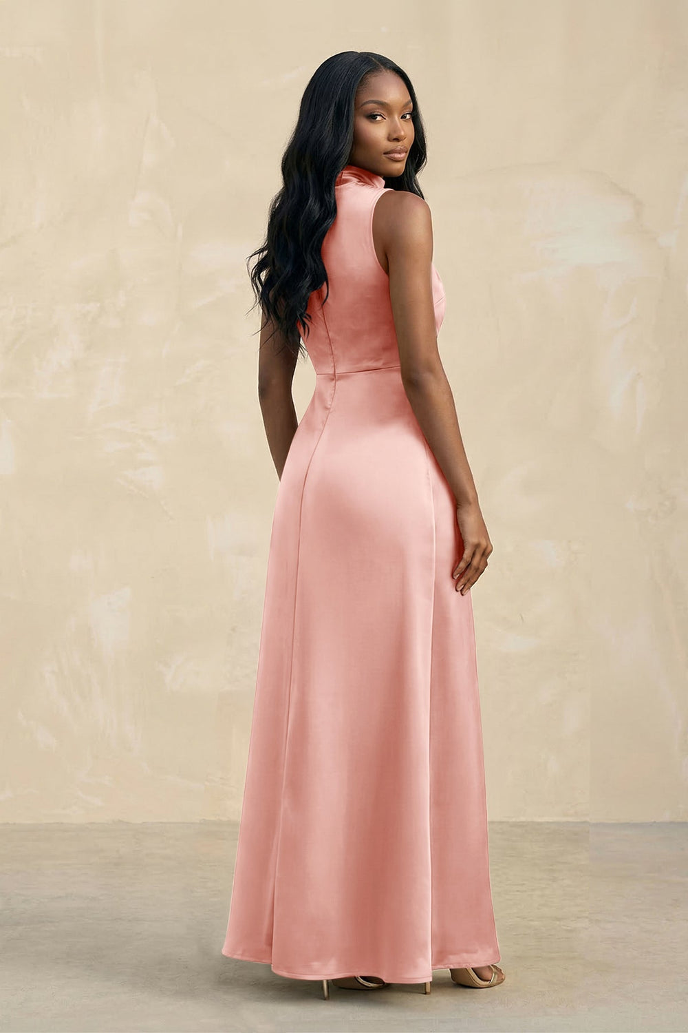 High Neck A - Line Bridesmaid Dress Wiht Slit in Rose Petal - KISS BRIDAL Bridesmaid Dresses