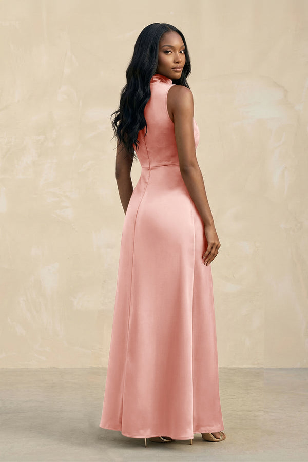 High Neck A - Line Bridesmaid Dress Wiht Slit in Rose Petal - KISS BRIDAL Bridesmaid Dresses