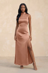 High Neck A - Line Bridesmaid Dress Wiht Slit in Rosette - KISS BRIDAL Bridesmaid Dresses