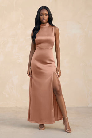 High Neck A - Line Bridesmaid Dress Wiht Slit in Rosette - KISS BRIDAL Bridesmaid Dresses