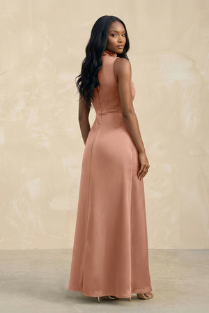 High Neck A - Line Bridesmaid Dress Wiht Slit in Rosette - KISS BRIDAL Bridesmaid Dresses