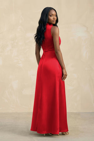 High Neck A - Line Bridesmaid Dress Wiht Slit in Ruby Red - KISS BRIDAL Bridesmaid Dresses