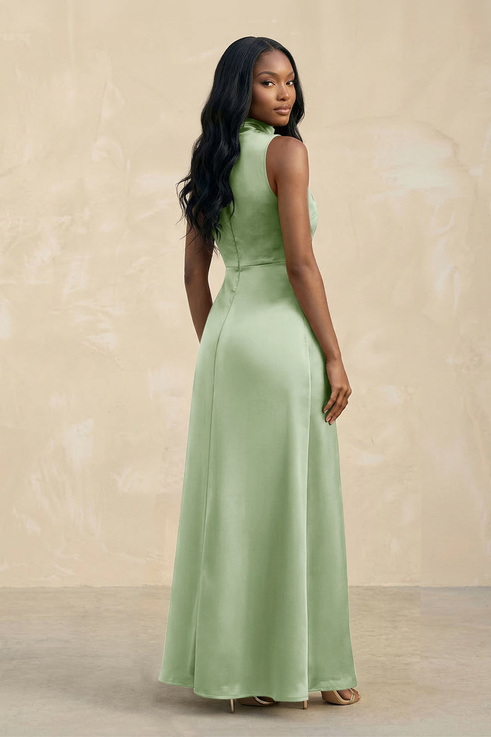 High Neck A - Line Bridesmaid Dress Wiht Slit in Sage - KISS BRIDAL Bridesmaid Dresses
