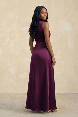 High Neck A - Line Bridesmaid Dress Wiht Slit in Sangria - KISS BRIDAL Bridesmaid Dresses