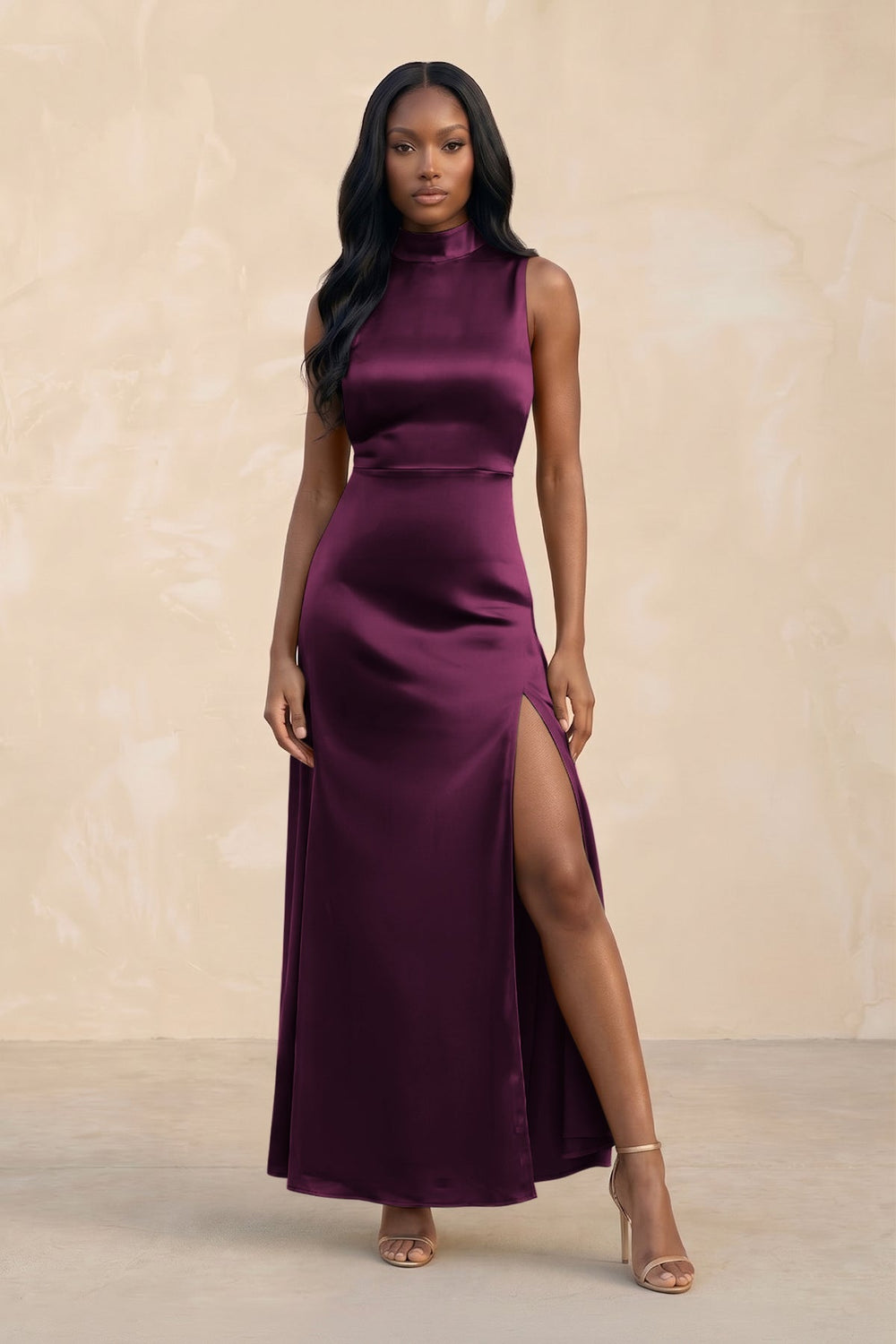 High Neck A - Line Bridesmaid Dress Wiht Slit in Sangria - KISS BRIDAL Bridesmaid Dresses