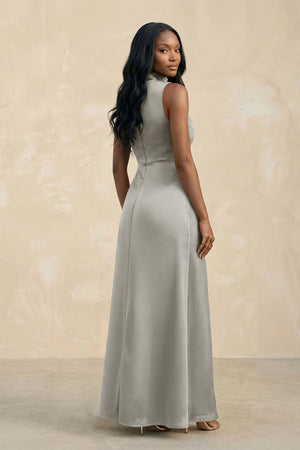 High Neck A - Line Bridesmaid Dress Wiht Slit in Silver - KISS BRIDAL Bridesmaid Dresses
