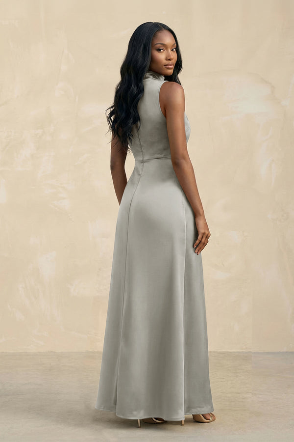 High Neck A - Line Bridesmaid Dress Wiht Slit in Silver - KISS BRIDAL Bridesmaid Dresses